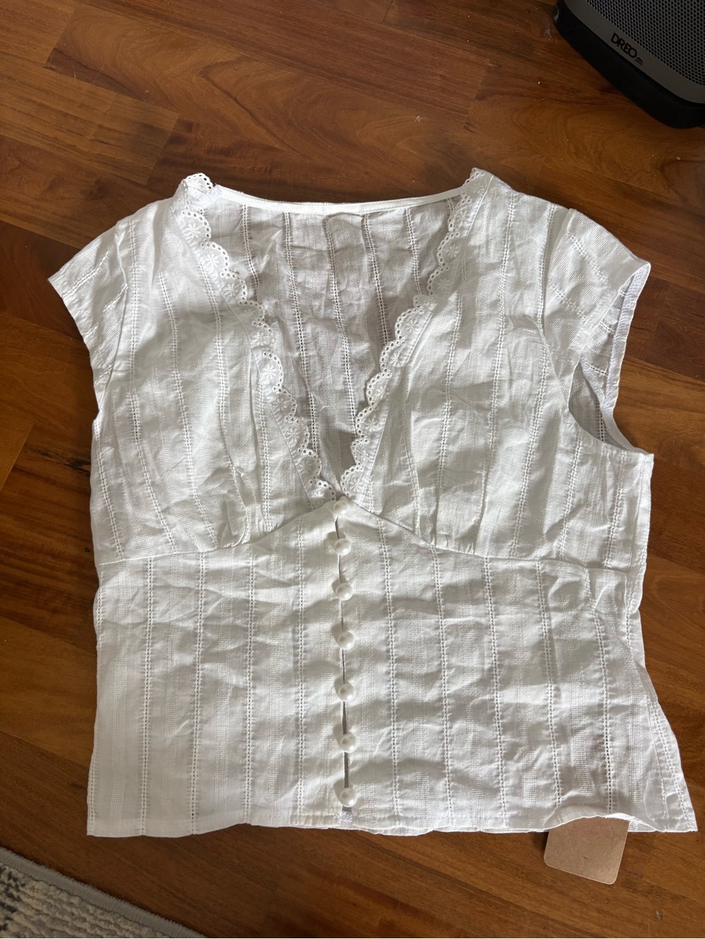 RIHOAS White Lace-Trim Button Front Women's Blouse